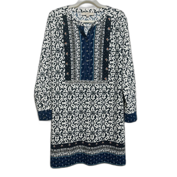 Loft Mosaic Shirt Dress Sz Small Blue Floral Long Sleeve 4-Button (no belt) - Picture 3 of 10